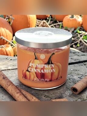 14.oz Huntington Home Pumpkin Cinnamon Scented 3-Wick Round Jar Candle Metal Lid